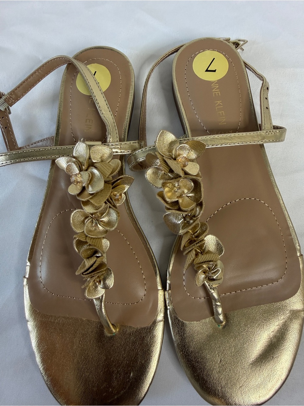 Anne Klein Metallic Gold Floral T-Strap Sandals